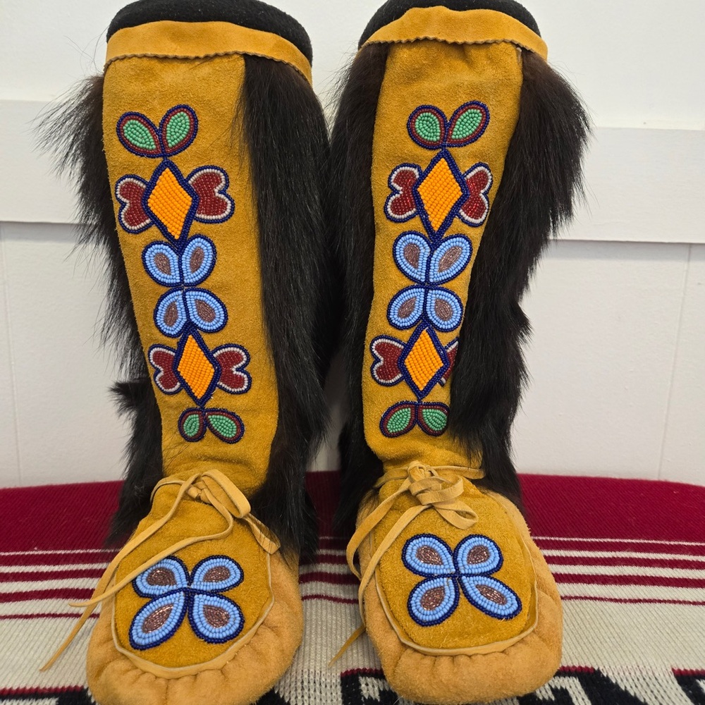 Beaded Moccasin Boots with Caribou Fur Trim - Mustard Suede